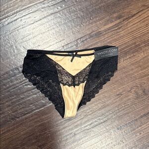 Yandy Black Lace & Nude Satin Bikini Brief